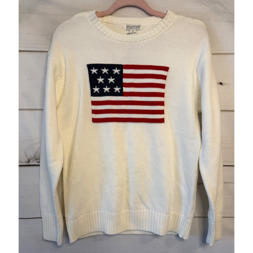 Mighty Fine American Flag Sweater Cream Knit USA Stars Stripes 25VLIN00189A-001